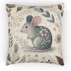 Cojín tejido con diseño de ratón floral, estilo escandinavo, decoración del hogar, mezcla de algodón, minimalista, arte popular, bonito tapiz de ratón y flores, regalo