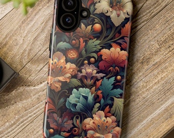 May include: A phone case with a floral design. The case features a dark background with colorful flowers and leaves. The camera lens is visible on the back of the case.