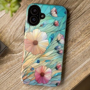 Stained Glass Effect Protective Phone Cover for Apple iPhone 16 Abstract Floral Tough Case Colorful Wildflowers Art Cover for iPhone Models