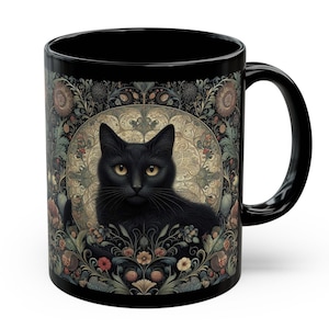 Black Cat Mug William Morris Inspired Black Coffee Mug Mystical Cat Teacup Cat Lover Gift For Her Him Halloween Cat Ceramic Mug 11oz 15 oz
