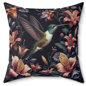 Hummingbird Pillow William Morris Inspired Colibri & Flowers Throw Cushion Tropical  Bird Pillow Dark Floral Home Decor Gift INSERT INCLUDED