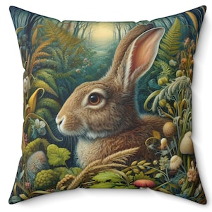 Cojín de almohada con diseño de conejo del bosque, estilo retro, floral, botánico, estilo cabaña, decoración del hogar, regalo con inserto incluido.