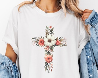 T-shirt bloemen kruis christelijk kruis shirt comfort kleuren retro Cottagercore christelijk T-shirt wilde bloemen kruis shirt religieus cadeau voor haar