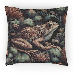 Whimsical Frog Woven Pillow Morris Inspired Vintage Style Cottagecore Cushion Floral Frog Home Decor Cotton Blend Tapestry Pillow Frog Gift