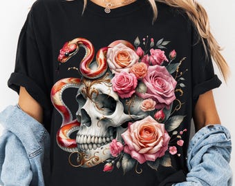 Floral Skull and Snake T-Shirt Skull & Roses Shirt Halloween Skull Shirt Comfort Colors Top Pastel Goth Girl Shirt Snake Spooky Season Gift