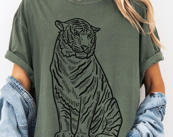 Tiger T-Shirt Minimalistisches Tiger Grafik Shirt Retro Wildtier 90er Jahre Stil Top Komfort Farben Unisex T Shirt Raubkatze Top Tiger Liebhaber Geschenk