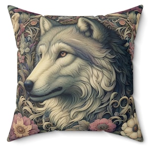 Grey Wolf Pillow William Morris Inspired Cushion Magical Wolf Throw Pillow Rustic Cottage Core Home Decor Wolf Gift INSERT INCLUDED