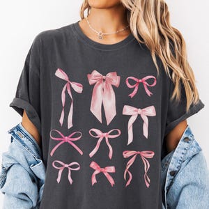 Pink Bows Shirt Coquette Bow T-Shirt Pink Ribbon Bows Top Comfort Colors Tee Cute Watercolor Bows Shirt Girly Aesthetic Bow Collage Gift
