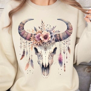 Boho Bull Skull Sweatshirt Floral Cow Skull Sweater Aztec Skull Shirt Western Cowgirl Sweatshirt Watercolor Skull and Feathers Jumper Gift
