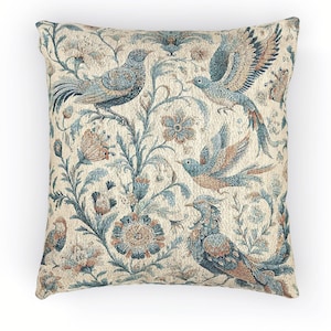 Birds & Flowers Woven Pillow William Morris Inspired Vintage Style Cottagecore Cushion Floral Home Decor Cotton Blend Tapestry Pillow Gift