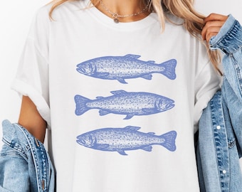 Blauwe forel shirt comfort kleuren Unisex retro visser T-shirt visser esthetische shirt vintage vis T-shirt vissen visshirt visliefhebber cadeau