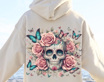Floral Skull and Butterflies Hoodie Sugar Skull Hooded Sweatshirt Front and Back Print Sweater Mexican Inspired Skull and Roses Pullover