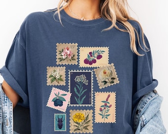 Botanical Stamps Shirt Vintage Postal Stamps T-Shirt Comfort Colors Tee Retro Floral Stamps Shirt Flowers and Berries TShirt Bug Stamp Top