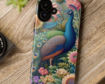 Floral Peacock Tough Case for Apple iPhone Samsung Galaxy Google Pixel Phone Morris Inspired Bird and Flowers Case Botanical Case Bird Gift