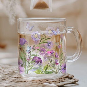 Watercolor Flowers Glass Mug - Purple Wildflowers and Butterflies Coffee Mug, Floral Drinkware, Botanical Kitchen Decor