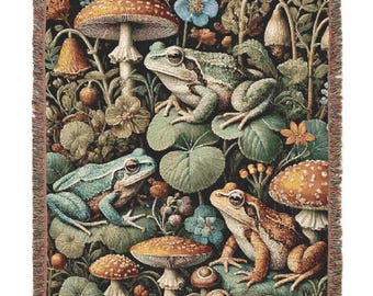 Forest Frogs and Mushrooms Woven Blanket 100% Cotton Dark Cottagecore Woven Throw Retro Botanical Decor Cute Toads Wall Tapestry Frog Gift