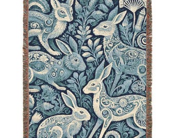 Woodland Animals Woven Blanket 100% Cotton Morris Inspired Blue Botanical Cottagecore Woven Throw  Folk Art Fantasy Creatures Blanket Gift