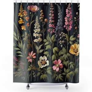 Dark Botanical Shower Curtain Moody Wildflowers Bathroom Dark Cottagecore Decor Black Floral Curtain Dark Academia Vintage Housewarming Gift