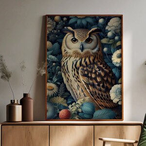 Forest Owl Satin Poster 210gsm William Morris Inspired Bird Art Poster Floral Vintage Owl Wall Art Print Unique Home Decor Bird Lover Gift