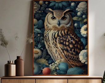Forest Owl Satin Poster 210gsm William Morris Inspired Bird Art Poster Floral Vintage Owl Wall Art Print Unique Home Decor Bird Lover Gift