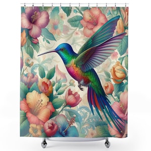 Rainbow Hummingbird Shower Curtain William Morris Inspired Colorful Colibri Home Decor Floral Bathroom Decor Bird Shower Curtain Gift