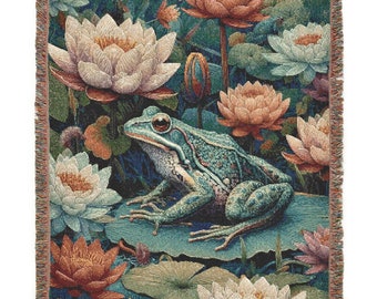 Frog and Waterlilies Woven Blanket 100% Cotton Morris Style Cottagecore Woven Throw Retro Botanical Decor Frog Wall Tapestry Frog Lover Gift