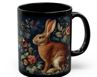 Brown Rabbit Mug William Morris Inspired Bunny and Flowers Black Coffee Mug Cottagecore Teacup Vintage Bunny Lover Gift Cute Ceramic Mug