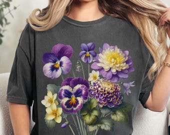 Vintage Flowers Shirt Boho Floral T-Shirt Cottagecore Tee Comfort Colors TShirt Purple & Yellow Flowers Shirt Pansies Top Garden Lover Gift