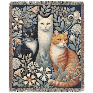 Boho Cats Woven Blanket William Morris Inspired 100% Cotton Cats in the Garden Woven Throw Floral Cottagecore Wall Tapestry Cat Lover Gift