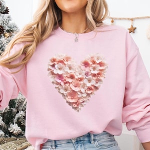 Cute Floral Heart Sweatshirt Valentines Heart Sweater 3D Flowers Love Heart Pullover Romantic Sweatshirt Feminine Valentine&#39;s Day Gift