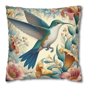 Green Hummingbird and Flowers Pillowcase William Morris Inspired Tropical Bird Pillow Cover Retro Floral Throw Pillow Cover Bird Lover Gift