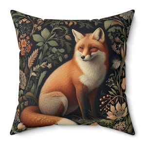 Forest Fox Pillow William Morris Inspired Floral Cushion Magical Fox Throw Pillow Rustic Cottage Core Home Decor Fox Gift INSERT INCLUDED