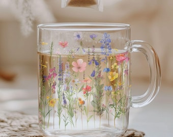 Taza de vidrio con flores silvestres - Taza de café con flores de acuarela, vajilla floral, decoración botánica para la cocina