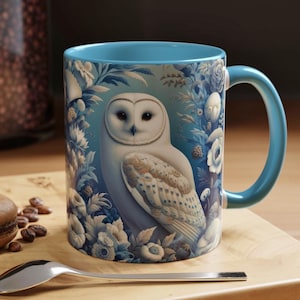 White Owl Accent Coffee Mug 11oz William Morris Inspired Art Blue or Navy Color Inside Mug Owl and Blue Flowers Mug Bird Lover Gift for Mum