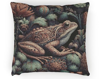 Whimsical Frog Woven Pillow Morris Inspired Vintage Style Cottagecore Cushion Floral Frog Home Decor Cotton Blend Tapestry Pillow Frog Gift