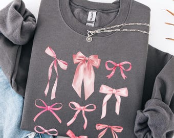 Pink Bows Sweatshirt Coquette Bow Sweater Feminine Bow Pullover Watercolor Bows Collage Shirt Girl Aesthetic Pink Ribbon Bows Crewneck Top