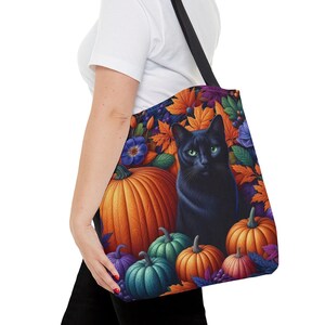 Black Cat and Pumpkins Tote Bag Halloween Cat Shopping Bag Colorful Pumpkin Bag Vintage Floral Fall Bag Spooky Season Bag Gift for Her Him