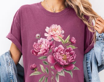T-shirt med vintagepioner - botanisk konst, blommig komfortfärger, akvarell piontopp, retroblommor, trädgårdsälskarepresent