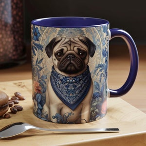 Pug Accent Coffee Mug 11oz William Morris Inspired Dog Art Navy or Black Color Inside Cute Dog on Blue Florals Teacup Dog Lover Gift for Mum