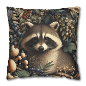 Bonita funda de almohada con diseño de mapache, inspirada en Morris, funda de cojín con diseño de mapache, funda de almohada con diseño floral retro, decoración botánica para el hogar, regalo (INSERTO NO INCLUIDO)