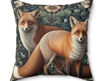 Two Foxes Pillow William Morris Inspired Forest Fox and Flowers Throw Pillow Rustic Home Decor Cottagecore Vintage Gift INSERT INCLUDED