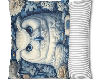 White Owl Pillowcase William Morris Inspired Owl Cushion Cover Blue Floral Throw Pillow Cover Retro Style Bird Art Home Decor Owl Gift