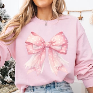 Pink Coquette Bow Sweatshirt Pink Polka Dot Bow Girl Sweater Feminine Bow Pullover Soft Watercolor Bow Shirt Lace & Ribbon Bow Gift for Her