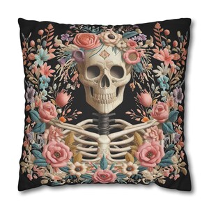 Floral Skeleton Pillowcase Embroidery Effect Skeleton Case Halloween Goth Art Throw Pillow Cover 3D Floral Decor Gift INSERT NOT INCLUDED