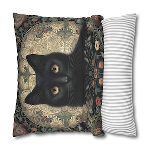 Black Cat Pillowcase William Morris Inspired Cushion Cat on Floral Ornament Throw Pillow Cover Retro Cottagecore Home Decor Cat Lover Gift