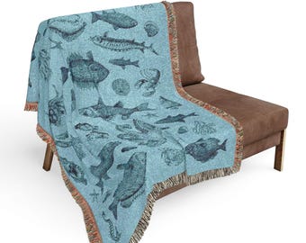 Vintage Sealife Woven Blanket 100% Cotton Fish Cabin Decor Fisherman Aesthetic Picnic Throw Marine Art Wall Tapestry Fishing Gift for Dad