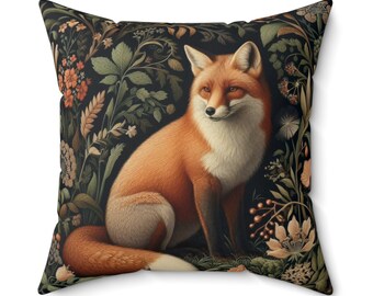 Forest Fox Pillow William Morris Inspired Floral Cushion Magical Fox Throw Pillow Rustic Cottage Core Home Decor Fox Gift INSERT INCLUDED