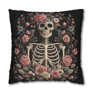 Floral Skeleton Pillowcase Embroidery Effect Skeleton Case Halloween Goth Art Throw Pillow Cover 3D Floral Decor Gift INSERT NOT INCLUDED