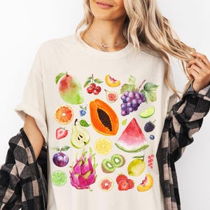 Chemise fruits T-shirt fruits d&#39;été et baies couleurs confort haut aquarelle fruit art t-shirt mangue kiwi figue raisin pastèque cadeau pour amateur de fruits