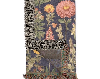 Dark Botanical Woven Blanket - 100% Cotton Wildflowers Woven Throw, Vintage Floral Wall Tapestry,  Cottagecore Floral Blanket Gift